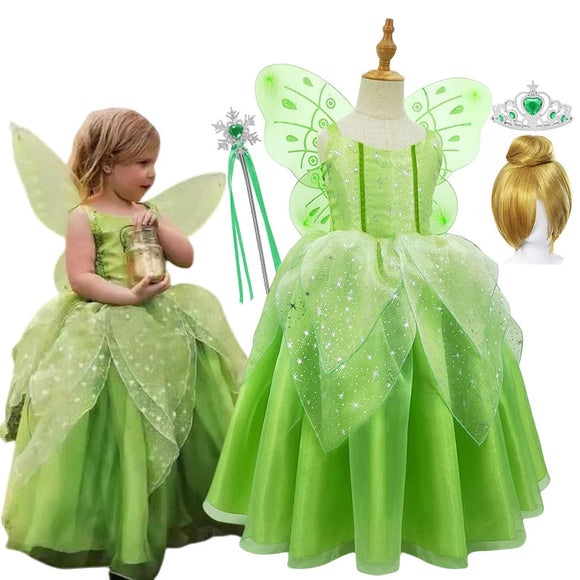 Collection of Tinkerbell dresses and fairy costumes for girls with accessories like wings, wigs, and jewelry.