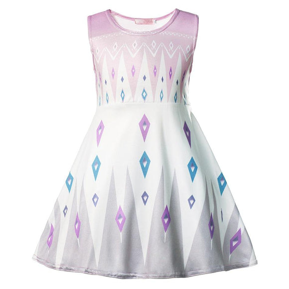 A sleeveless, round-necked children's dress inspired by Disney's Frozen, with a white bodice that transitions into a flared skirt. The dress is adorned with geometric diamond patterns in shades of purple and blue, mimicking the style of Elsa's gown. The patterns have a subtle shimmer, giving the dress a magical, icy look
