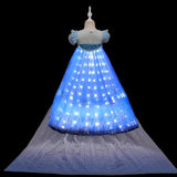 Child's Elsa-inspired princess dress with light-up LED skirt and glittery bodice on a mannequin, perfect for dress-up and themed parties back view lights on