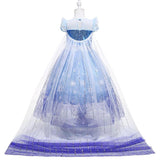Child's Elsa-inspired princess dress with light-up LED skirt and glittery bodice on a mannequin, perfect for dress-up and themed parties back view