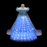 "Child's Elsa-inspired princess dress with light-up LED skirt and glittery bodice on a mannequin, perfect for dress-up and themed parties front view light up