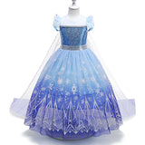 Child's Elsa-inspired princess dress with light-up LED skirt and glittery bodice on a mannequin, perfect for dress-up and themed parties front view 