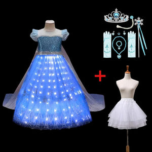 Child's Elsa-inspired princess dress with light-up LED skirt and glittery bodice on a mannequin, perfect for dress-up and themed parties front view light up