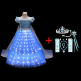 Child's Elsa-inspired princess dress with light-up LED skirt and glittery bodice on a mannequin, perfect for dress-up and themed parties front view light up with accessories