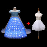 Child's Elsa-inspired princess dress with light-up LED skirt and glittery bodice on a mannequin, perfect for dress-up and themed parties front view light up with petticoat
