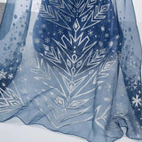 "Girl's Elsa-inspired blue dress with snowflake design and white faux fur collar cape detail