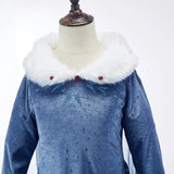 "Girl's Elsa-inspired blue dress with snowflake design and white faux fur collar close up neck and bodice