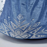 "Girl's Elsa-inspired blue dress with snowflake design and white faux fur collar closeup skirt