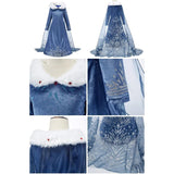 "Girl's Elsa-inspired blue dress with snowflake design and white faux fur collar closeup views