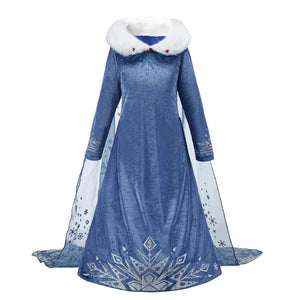 "Girl's Elsa-inspired blue dress with snowflake design and white faux fur collar front view
