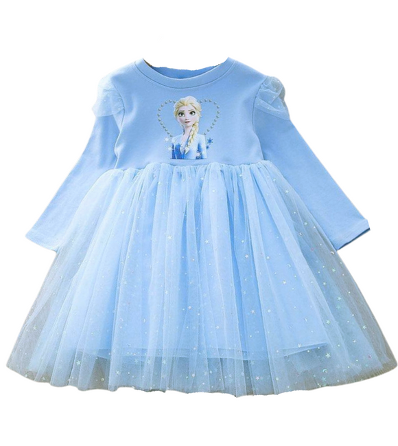 A long-sleeved, sky-blue princess dress for girls with an image of Queen Elsa from Disney's Frozen on the bodice. The dress has a soft tulle skirt adorned with glittering stars and snowflakes, creating a whimsical, magical look. The dress is designed for casual wear or dress-up occasions. front view
