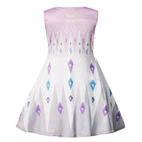A sleeveless, round-necked children's dress inspired by Disney's Frozen, with a white bodice that transitions into a flared skirt. The dress is adorned with geometric diamond patterns in shades of purple and blue, mimicking the style of Elsa's gown. The patterns have a subtle shimmer, giving the dress a magical, icy look back view