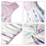 A sleeveless, round-necked children's dress inspired by Disney's Frozen, with a white bodice that transitions into a flared skirt. The dress is adorned with geometric diamond patterns in shades of purple and blue, mimicking the style of Elsa's gown. The patterns have a subtle shimmer, giving the dress a magical, icy look close up images of details