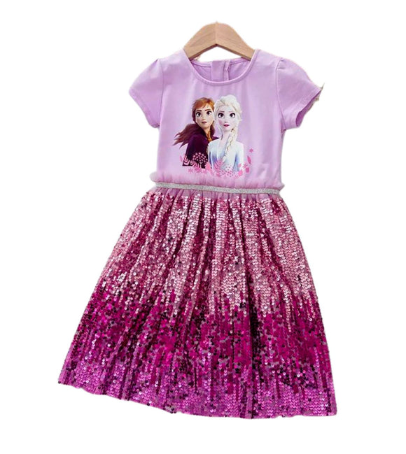 A Frozen-themed children's dress featuring a pastel pink top with printed images of Anna and Elsa and a vibrant purple sequined skirt, perfect for a playful princess look front view