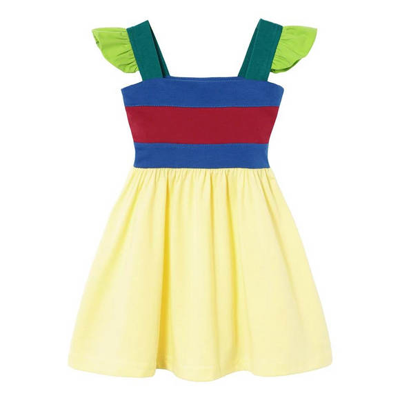 Disney-inspired Mulan casual twirl dress for girls with blue bodice, red waistband, yellow skirt, and green straps front view