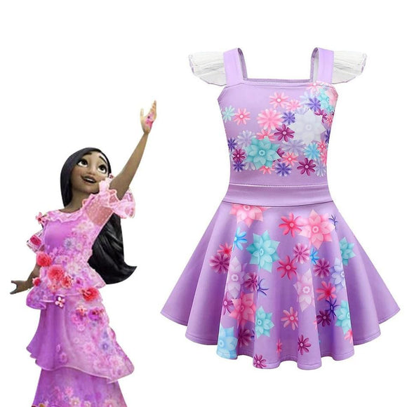 Girls' Isabela-inspired enchanted garden dress with pastel purple bodice and colorful floral skirt from Disney's Encanto front view