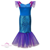 Girl's Little Mermaid style costume with shiny blue scale-print skirt, purple cap sleeves, and flared purple tulle tail fin back