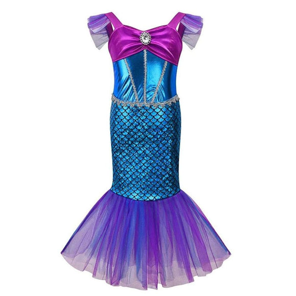 Girl's Little Mermaid style costume with shiny blue scale-print skirt, purple cap sleeves, and flared purple tulle tail fin front view