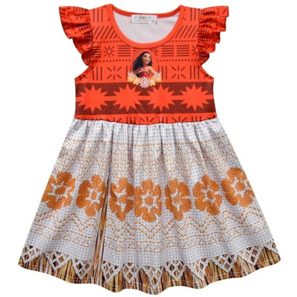 Child's Moana inspired play dress featuring orange Polynesian motifs, a character print, and a patterned skirt with ruffle sleeves front view