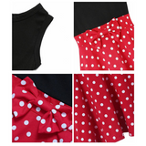 "Girls' red sleeveless dress with white polka dots, black bodice, and decorative bow at the waist close up views of details