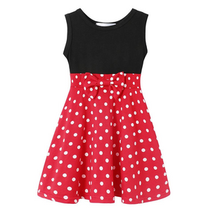 "Girls' red sleeveless dress with white polka dots, black bodice, and decorative bow at the waist front view