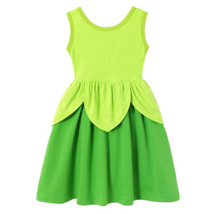 "Vibrant lime green and rich green girls' play dress in a Tinkerbell style with sleeveless top and knee-length skirt front view