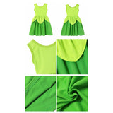 "Vibrant lime green and rich green girls' play dress in a Tinkerbell style with sleeveless top and knee-length skirt close up views