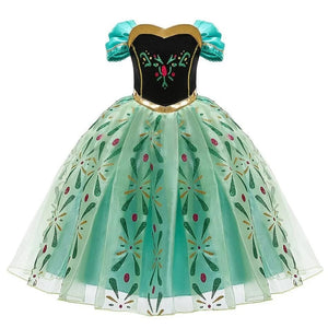 Two views of a child's Anna-inspired princess costume with a black velvet bodice, gold trim, and a green tulle skirt with floral accents