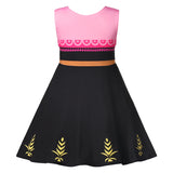 Princess Party Dresses' Anna-inspired frock with pink bodice, golden wheat motifs, and black twirl skirt for children's fantasy playwear back view