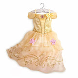 Belle children's costume dress inspired by Beauty and the Beast, featuring golden yellow satin, floral accents, and a bow detail, perfect for dress-up or special occasions.