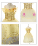 details close up of Belle children's costume dress inspired by Beauty and the Beast, featuring golden yellow satin, floral accents, and a bow detail, perfect for dress-up or special occasions.