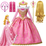 Girls' Deluxe Sleeping Beauty Aurora Costume - Pink Princess Dress with Golden Lace and Gemstone Details with Accessories