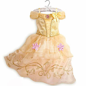 Belle children's costume dress inspired by Beauty and the Beast, featuring golden yellow satin, floral accents, and a bow detail, perfect for dress-up or special occasions.