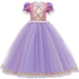 dress only of Rapunzel short sleeve purple dress costume for kids with optional accessories including gloves, tiara, wand, jewelry, and a long braided wig. Perfect for dress-up, Halloween, and princess parties.