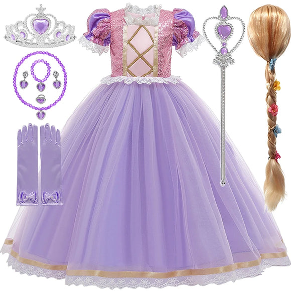 Rapunzel short sleeve purple dress costume for kids with optional accessories including gloves, tiara, wand, jewelry, and a long braided wig. Perfect for dress-up, Halloween, and princess parties.