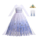 Dress Set 1 with dress, tiara and gloves. A Frozen-inspired long-sleeved princess dress with a gradient white-to-blue bodice and a flowing blue tulle skirt adorned with sparkling silver snowflakes and stars, perfect for a child's fantasy dress-up or themed party front view