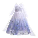 A Frozen-inspired long-sleeved princess dress with a gradient white-to-blue bodice and a flowing blue tulle skirt adorned with sparkling silver snowflakes and stars, perfect for a child's fantasy dress-up or themed party rotated view