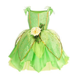 Girls Tinkerbell costume with green dress, optional fairy wings, Tinkerbell wig, gloves, and sparkling jewelry accessories, perfect for Halloween, parties, and dress-up."