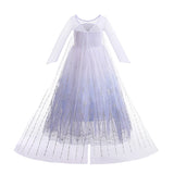 A Frozen-inspired long-sleeved princess dress with a gradient white-to-blue bodice and a flowing blue tulle skirt adorned with sparkling silver snowflakes and stars, perfect for a child's fantasy dress-up or themed party. back view