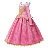 "Girls' Deluxe Sleeping Beauty Aurora Costume - Pink Princess Dress with Golden Lace and Gemstone Details with Accessories