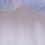view of the underside of the skirt of A Frozen-inspired long-sleeved princess dress with a gradient white-to-blue bodice and a flowing blue tulle skirt adorned with sparkling silver snowflakes and stars, perfect for a child's fantasy dress-up or themed party.