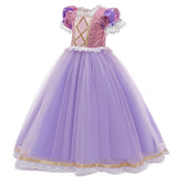 front side view of Rapunzel short sleeve purple dress costume for kids with optional accessories including gloves, tiara, wand, jewelry, and a long braided wig. Perfect for dress-up, Halloween, and princess parties.