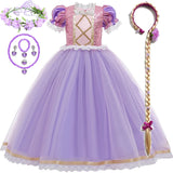 flower crown, headband wig and jewery with dress for Rapunzel short sleeve purple dress costume for kids with optional accessories including gloves, tiara, wand, jewelry, and a long braided wig. Perfect for dress-up, Halloween, and princess parties.