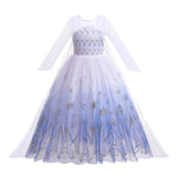 A Frozen-inspired long-sleeved princess dress with a gradient white-to-blue bodice and a flowing blue tulle skirt adorned with sparkling silver snowflakes and stars, perfect for a child's fantasy dress-up or themed party.