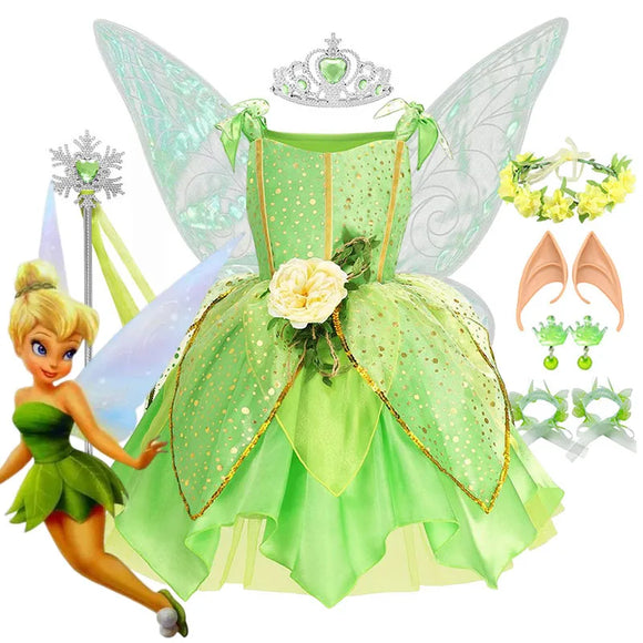 Girls Tinkerbell costume with green dress, optional fairy wings, Tinkerbell wig, gloves, and sparkling jewelry accessories, perfect for Halloween, parties, and dress-up.