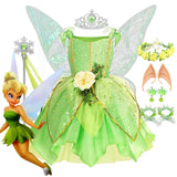 Girls Tinkerbell costume with green dress, optional fairy wings, Tinkerbell wig, gloves, and sparkling jewelry accessories, perfect for Halloween, parties, and dress-up."