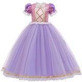 dress view of Rapunzel short sleeve purple dress costume for kids with optional accessories including gloves, tiara, wand, jewelry, and a long braided wig. Perfect for dress-up, Halloween, and princess parties.