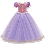 back of Rapunzel short sleeve purple dress costume for kids with optional accessories including gloves, tiara, wand, jewelry, and a long braided wig. Perfect for dress-up, Halloween, and princess parties.