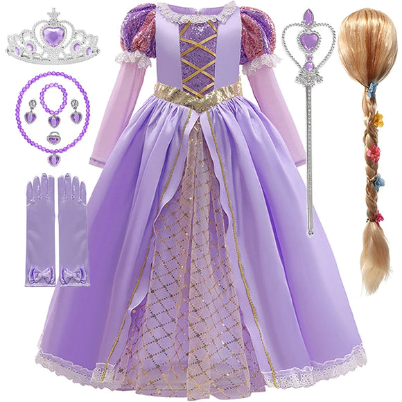 Princess Rapunzel Dress for kids inspired by Disney's Tangled, featuring a purple gown with lace accents, optional accessories including a Rapunzel wig, tiara, gloves, wand, and jewelry, available in sizes 2-12