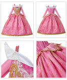 "Girls' Deluxe Sleeping Beauty Aurora Costume - Pink Princess Dress with Golden Lace and Gemstone Details with Accessories